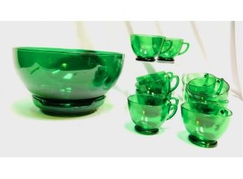 Vintage Mid Century Emerald Green Glass Punch Bowl Set (14ct)
