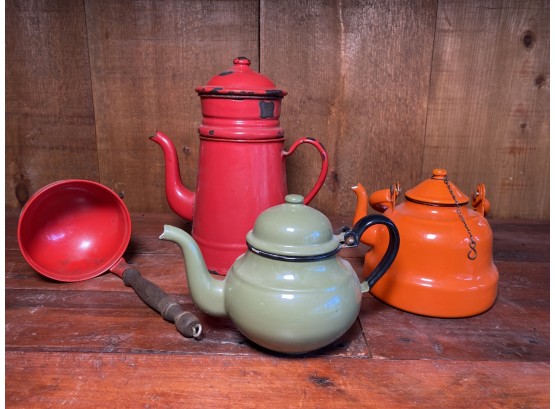 Trio Of Vintage Enamel Coffee Pots