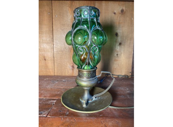 Green Glass And Brass Table Lantern Lamp