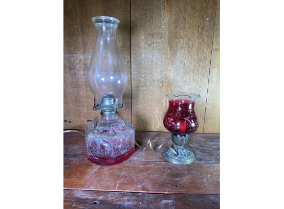 Pair Of Vintage Oil Lamps - One Oil & One Electric