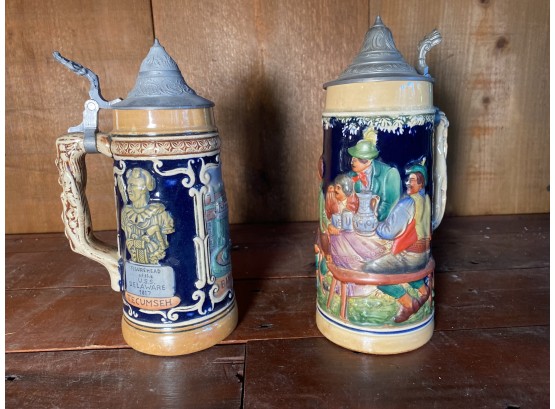 Pair Of Vintage German Made Ceramic Beer Steins With Pewter Tops
