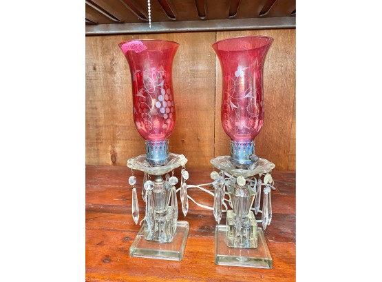 Pair Of Vintage Cranberry Glass Hurricane Mantel Lamps