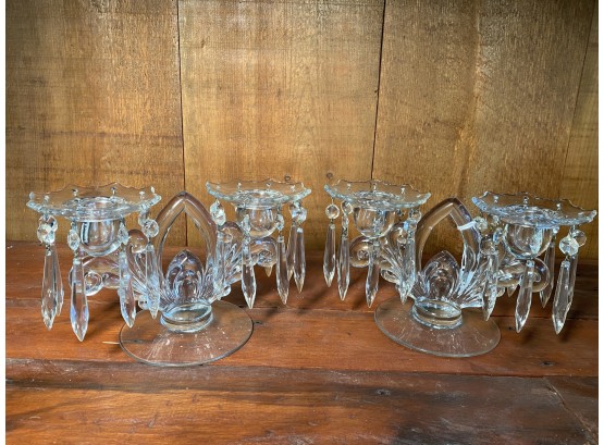 A Pair Of Vintage Crystal Double Light Candle Holders With Prisms