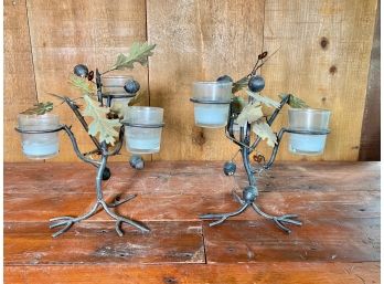 Wrought Iron Candleabra With Leaf And Acorn Motif
