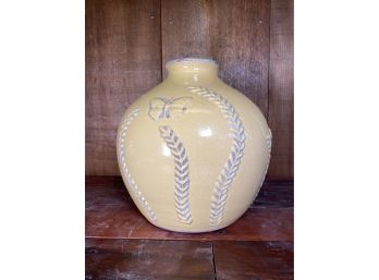 Crackle Finish Yellow Pottery Vase With Butterfly Motif
