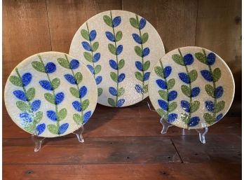 Pottery With Blue/Green Leaves -  3 Pieces