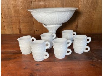 Vintage McKee Milk Glass Punch Bowl With Stand And Glasses