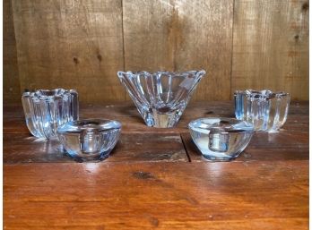 Vintage Orrefors Bowl And Candlesticks - 5 Pieces