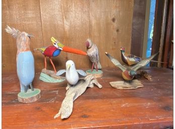 Collection Of Carved Wood And Hand Painted Birds - Set Of 6