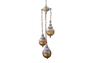 Vintage Handmade Brass Chandelier With Amber Glass Globes