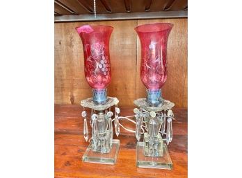 Pair Of Vintage Cranberry Glass Hurricane Mantel Lamps