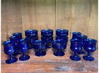 Vintage Tiara Indiana Cobalt Blue Kings Crown Thumbprint Glassware - 16 Pieces