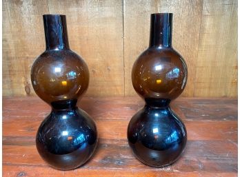Pair Of Amber Glass Hour Glass Vases