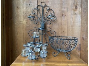 Wrought Iron Candleholders And Basket