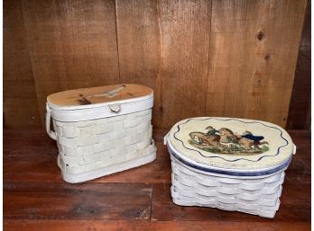 Pair Of Vintage White Woven Handbags/Picnic Basket