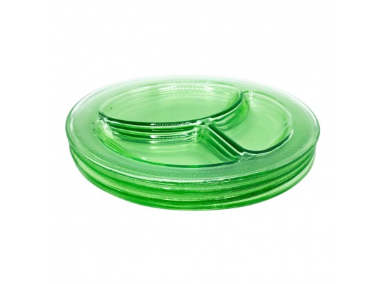 Set Of 4 Vintage L.E Smith Homestead Green Depression Uranium Glass 3 Section Divided 9' Plates