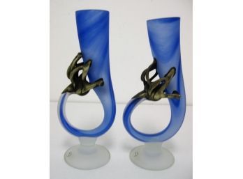Beautiful Pair Vintage Romblast Romanian Hand Blown Fused Metal Blue Swirl Art Glass Vases
