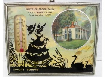Vintage 1943 Shattuck Brook Dairy Waterbury CT Reverse Painted Silhouette Advertising Thermometer Calendar