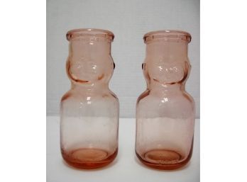 Pair Of Vintage Pink Baby Face Top 1/2 Pint Milk Bottles