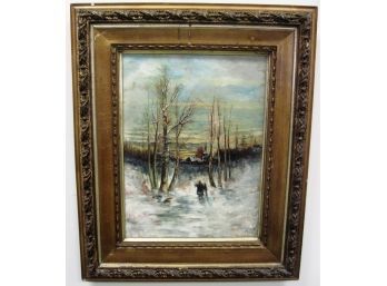 Antique 1911 Impressionist Winter Landscape With Church Signed Oil Painting