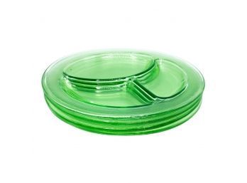 Set Of 4 Vintage L.E Smith Homestead Green Depression Uranium Glass 3 Section Divided 9' Plates