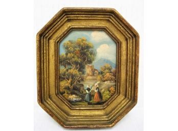 Vintage Early 1900s Italian Miniature Oil Painting Landscape With Figures