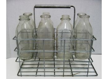 Vintage Metal Milk Bottle Carrier With Bottles