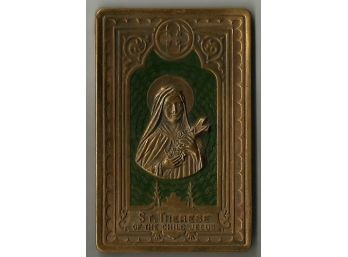 Vintage Brass Plated Tin ST Therese Of The Child Jesus Table Plaque