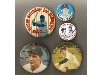 Group Of 5 Vintage NY Yankees Pins Pinbacks Including Mantle, DiMaggio, Gehrig