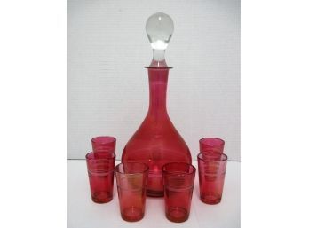 Vintage Cranberry Glass 7 Piece Liquor Decanter Set
