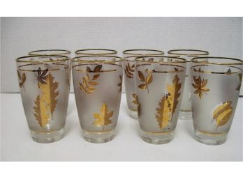Set Of 8 Vintage Mid Century Libbey 5 1/2' Frosted Gold Leaf Highball Glasses