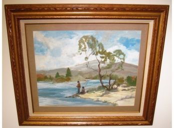 Vintage D Anderson Impressionist Landscape With Fisherman Along River Watercolor Painting