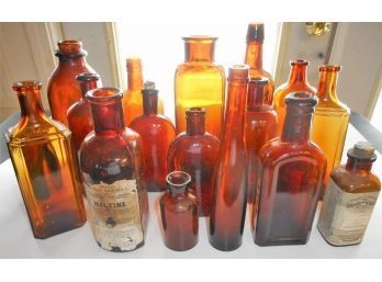 Lot Of 17 Antique Amber Glass Bottles Some With Original Labels Some Rare
