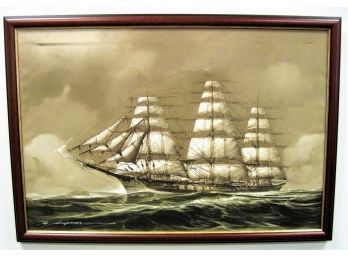 Listed Italian Artist Renato Longanesi Clipper Ship On Stormy Seas Large Oil  Painting