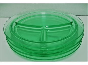 Set Of 4 Vintage  Green Depression Uranium Glass 3 Section Divided 10 1/2' Plates