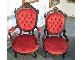 Gorgeous Pair Victorian Eastlake King & Queen Upolstered Carved Parlor Chairs
