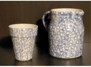 Vintage Workshop Of Gerald E Henn Country Blue Sponge Ware 8' Pottery Pitcher And 4.25' Flower Pot