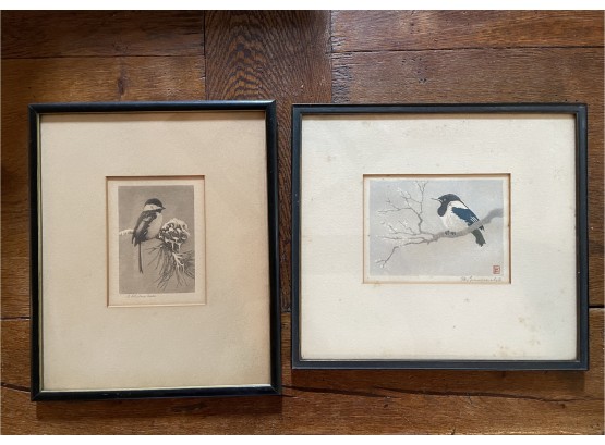 Framed Vintage Magpie Woodblock And Chickadee Print