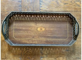 Vintage Tray With Silver Plated Gallery And Inlaid Wood