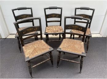 Set Of Five Early American Classic Hitchcock Style Rush Seat Chairs
