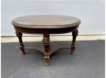 Mid Century Inlaid Parquetry Oval Table With Glass Top