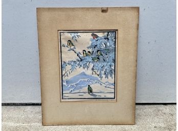 K. Schmidt Original Linoleum Bird Print, 'Winter' Pencil Signed And Unframed