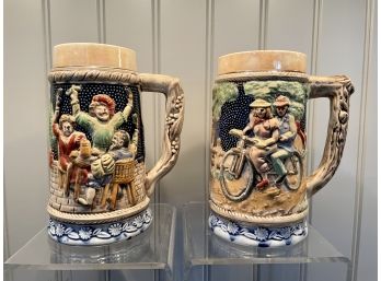 Antique Polychrome Decorated Ceramic Steins