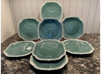 Se Of Eight Harker Pottery 'Corinthian' Luncheon Teal Plates, Circa 1940