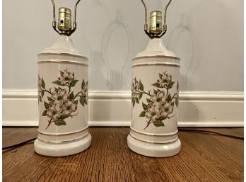 Pair Of Table Lamps With Dogwood Decoration