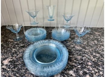 Antique Pale Blue Glass Plates And Matching Glasses