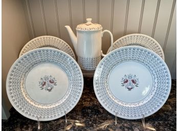 Four Barker Bros. Ironstone Plates With Marching Coffee Server