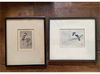 Framed Vintage Magpie Woodblock And Chickadee Print