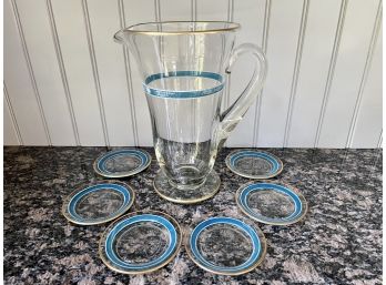Mid-Century Glass Pitcher With Matching Coasters