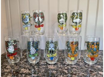 Partial Set Of Vintage Twelve Days Of Christmas Rounded Bottom Glasses